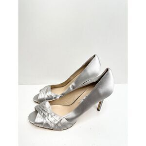 Nina New York Pumps Womens Size 8.5 Silver Satin‎ Leather Open Toe Evening Shoes